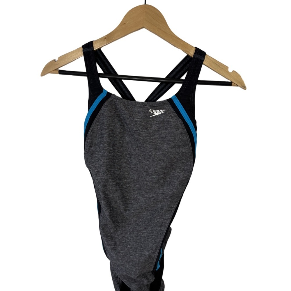 Speedo HydroPro Crossback One-Piece Swimsuit Gray/Black/Blue Size 6